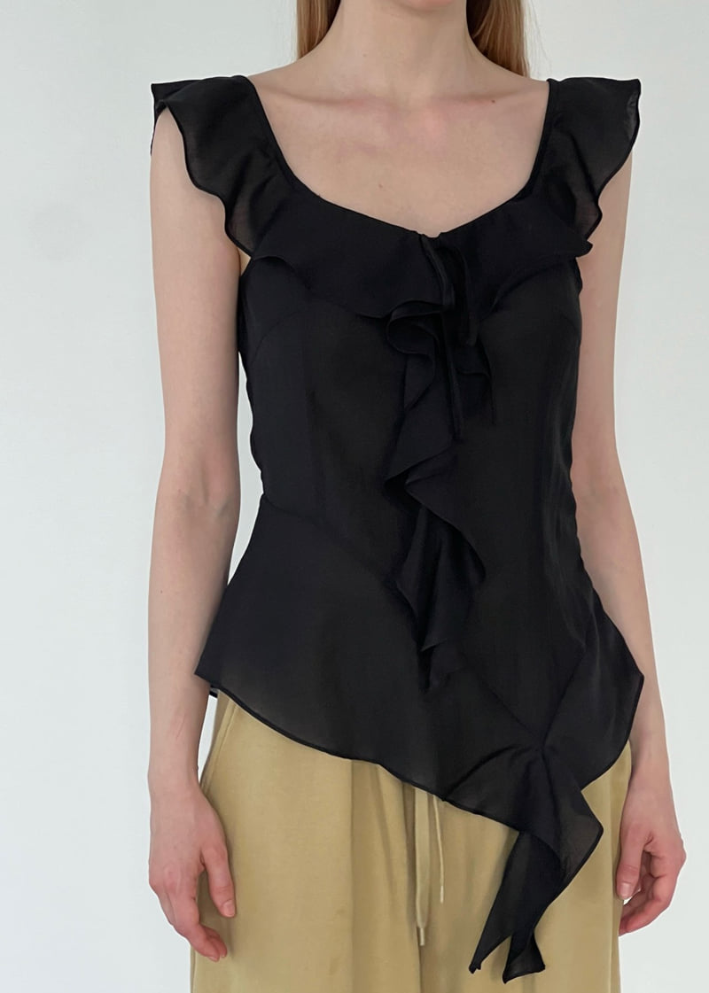 Another Avenue - Korean Women Fashion - #momslook - Frill Asymmetrical Sleeveless Blouse - 7