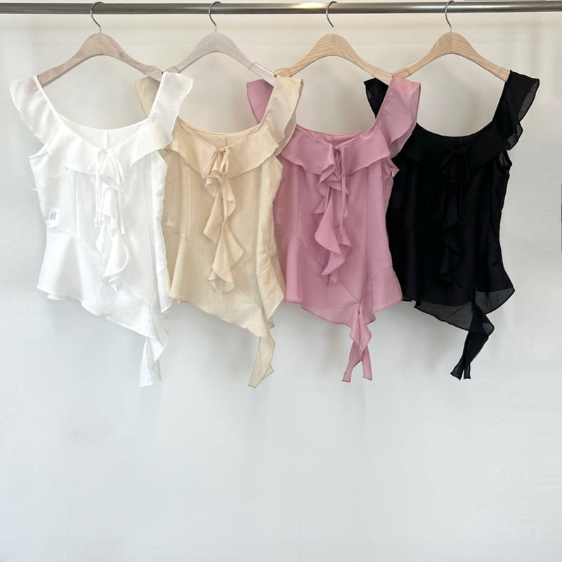 Another Avenue - Korean Women Fashion - #romanticstyle - Frill Asymmetrical Sleeveless Blouse