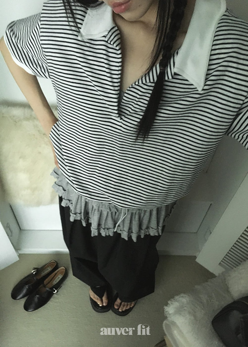 Auver_Fit - Korean Women Fashion - #momslook - Striped Blouson Tee - 2