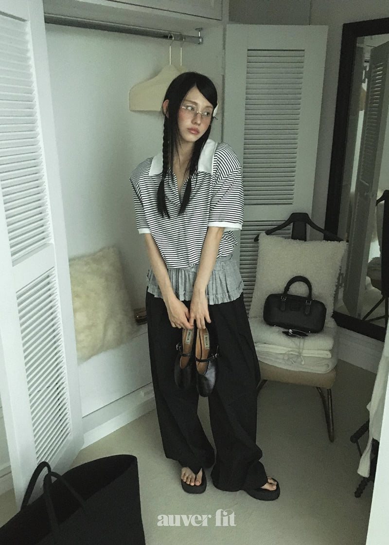 Auver_Fit - Korean Women Fashion - #womensfashion - Striped Blouson Tee