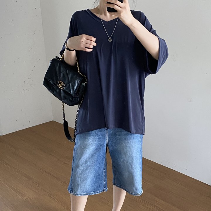 Bignarae - Korean Women Fashion - #momslook - Cool Solid V-neck Tee - 12