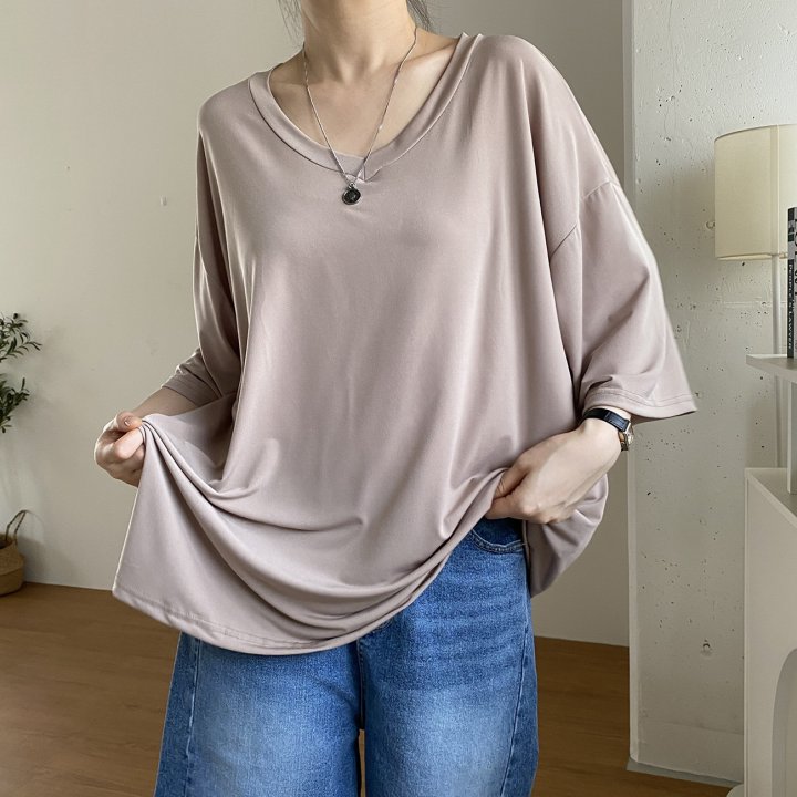 Bignarae - Korean Women Fashion - #momslook - Cool Solid V-neck Tee - 8
