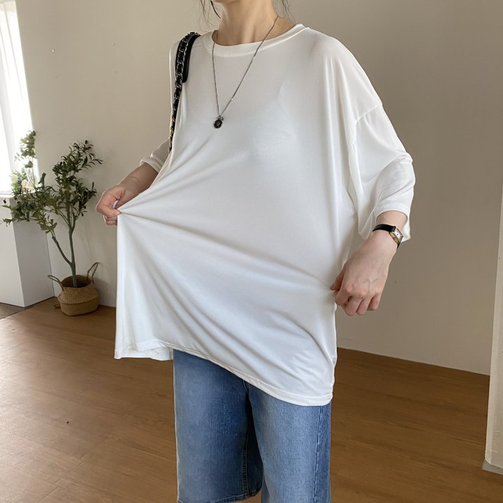 Bignarae - Korean Women Fashion - #momslook - Cool Solid Round Tee