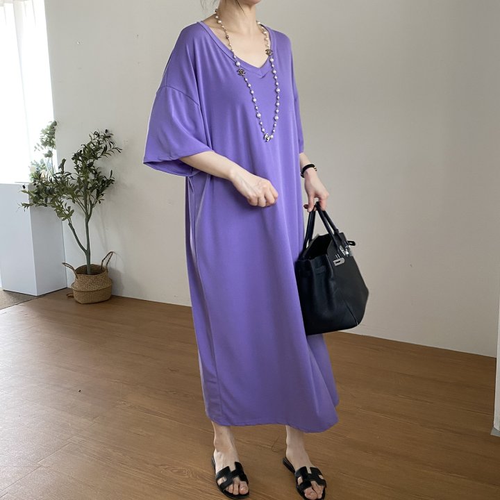 Bignarae - Korean Women Fashion - #momslook - Cool Long V-neck One-piece - 2