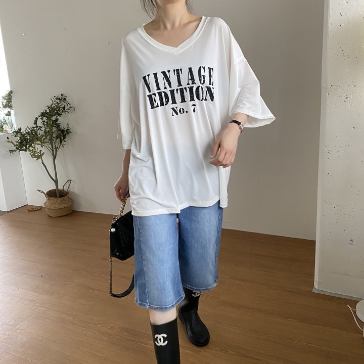Bignarae - Korean Women Fashion - #momslook - Cool Vintage V-neck Tee - 3