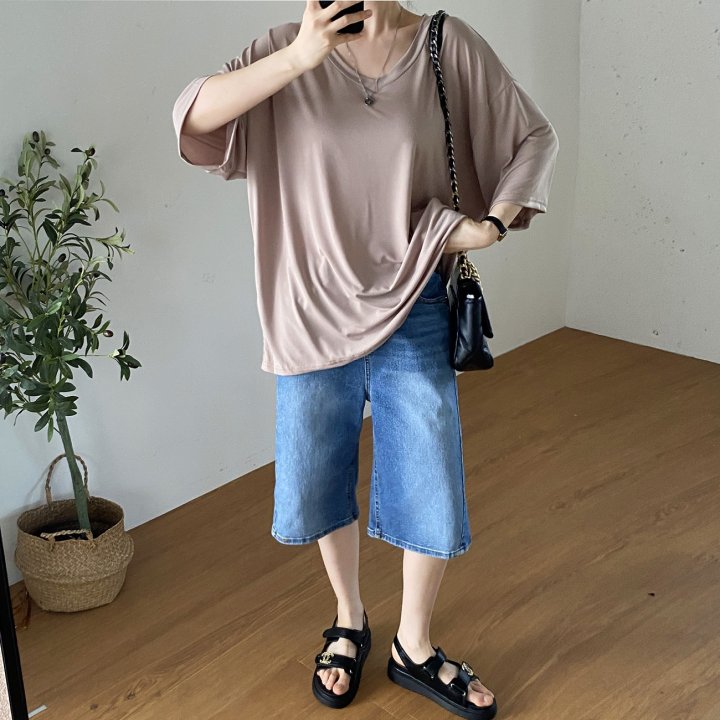 Bignarae - Korean Women Fashion - #womensfashion - Cool Solid V-neck Tee - 5
