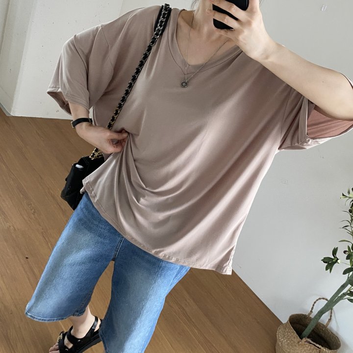 Bignarae - Korean Women Fashion - #womensfashion - Cool Solid V-neck Tee - 7