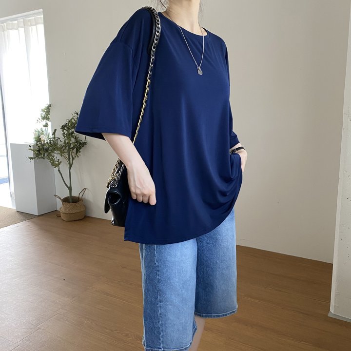 Bignarae - Korean Women Fashion - #womensfashion - Cool Solid Round Tee - 10