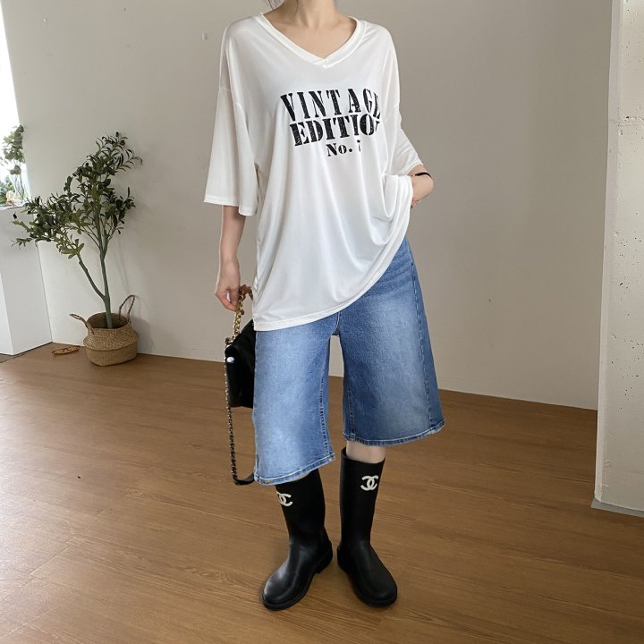 Bignarae - Korean Women Fashion - #momslook - Cool Vintage V-neck Tee - 4