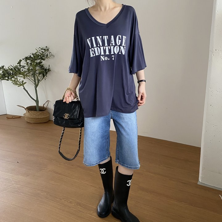 Bignarae - Korean Women Fashion - #womensfashion - Cool Vintage V-neck Tee - 8