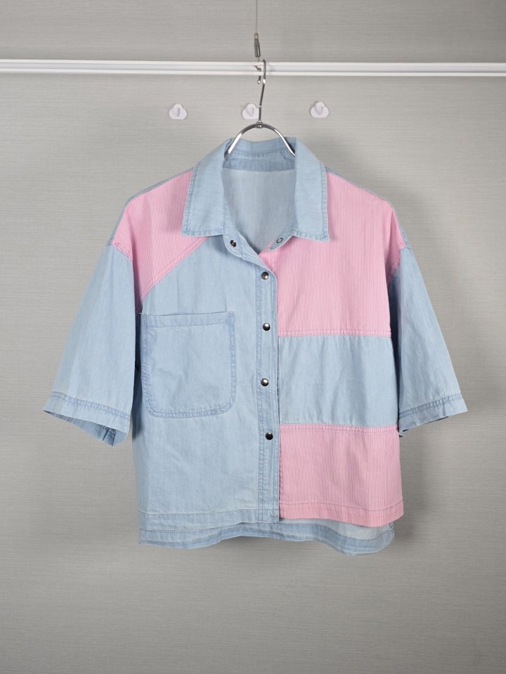 Bonanza - Korean Women Fashion - #momslook - Mix Collar Denim Shirt