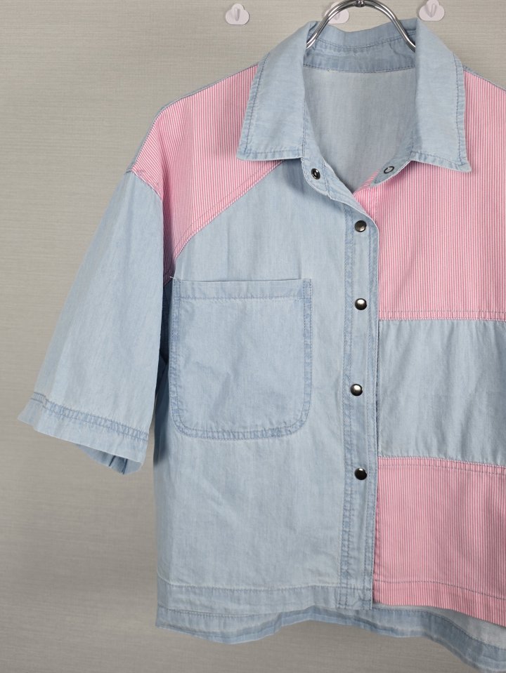 Bonanza - Korean Women Fashion - #womensfashion - Mix Collar Denim Shirt - 10