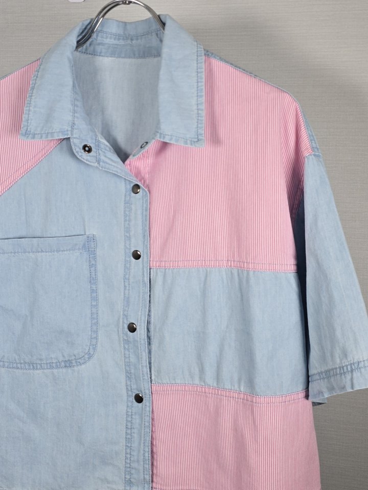 Bonanza - Korean Women Fashion - #womensfashion - Mix Collar Denim Shirt - 8