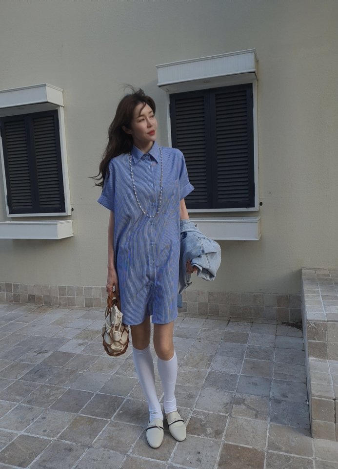 Gentle B - Korean Women Fashion - #womensfashion - Notch Sleeve Stripe One-piece