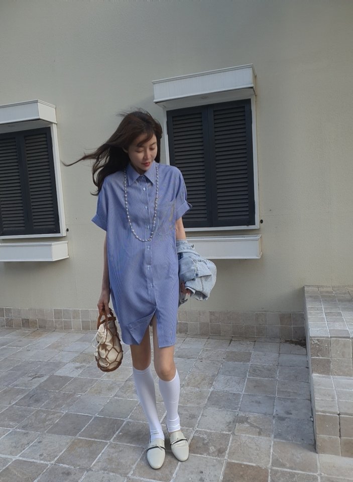 Gentle B - Korean Women Fashion - #womensfashion - Notch Sleeve Stripe One-piece - 9