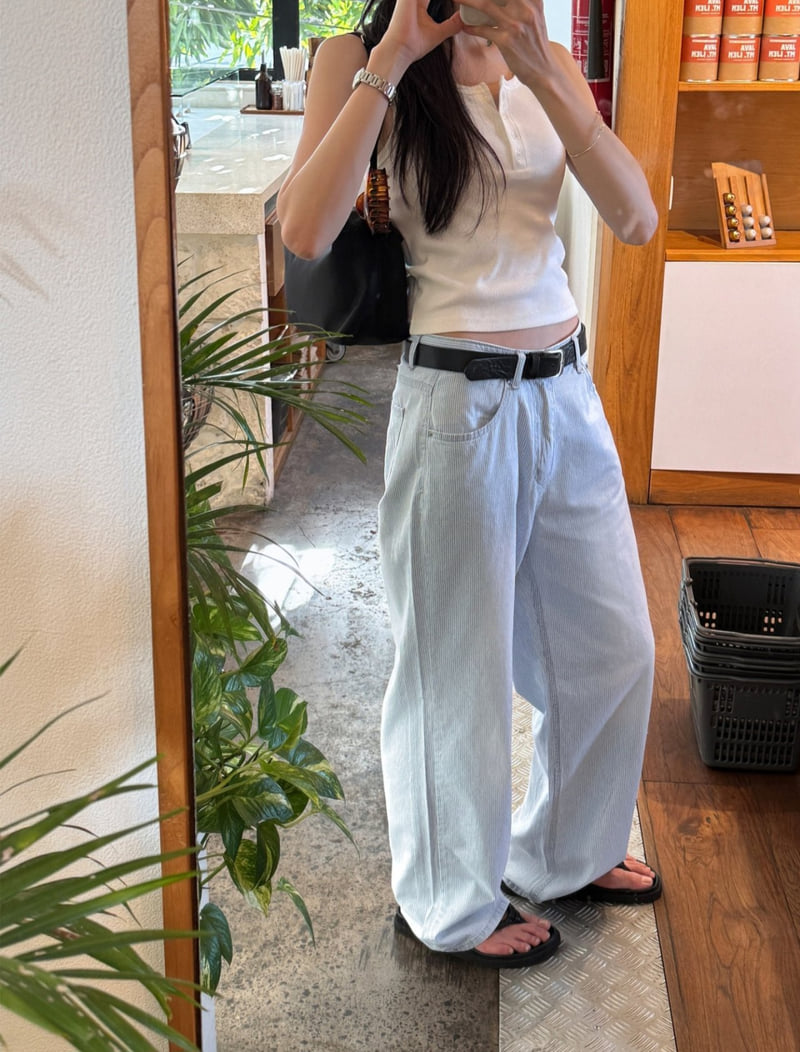I'm here - Korean Women Fashion - #vintageinspired - Summer Stripe Denim Wide Pants - 3