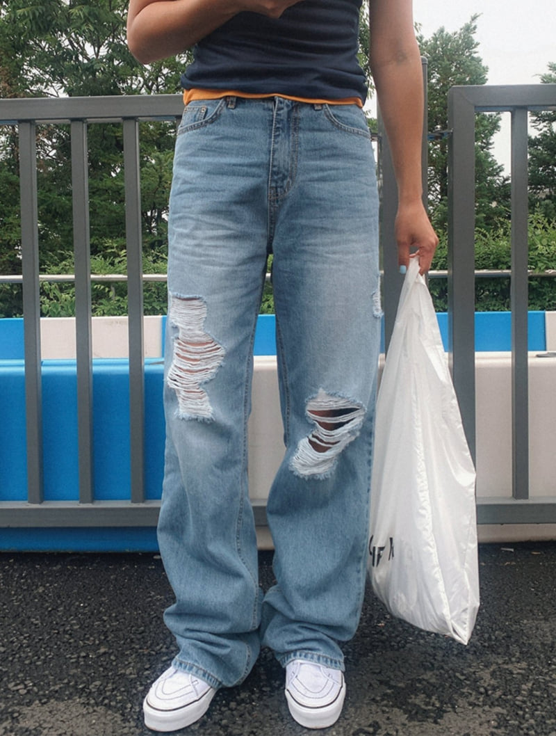 I'm here - Korean Women Fashion - #vintageinspired - Washed Straight Wide Denim Pants