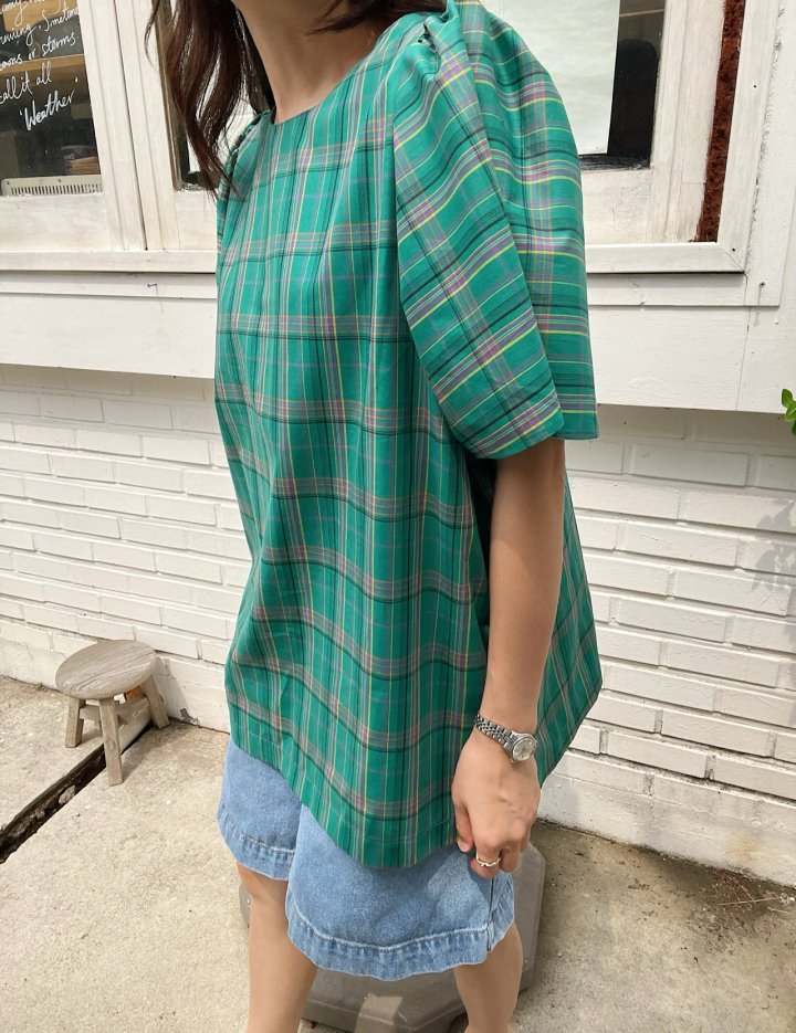 Lagrass - Korean Women Fashion - #momslook - Check Puff Blouse - 10