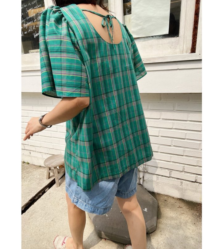 Lagrass - Korean Women Fashion - #womensfashion - Check Puff Blouse