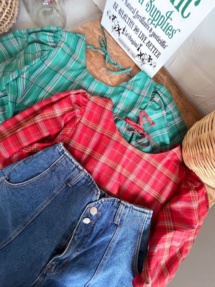 Lagrass - Korean Women Fashion - #womensfashion - Check Puff Blouse - 5