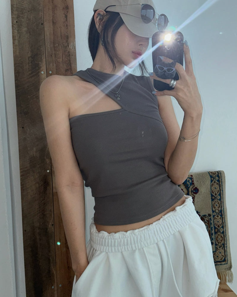 Moran Women - Korean Women Fashion - #womensfashion - One Shoulder Ribbed Sleeveless - 9