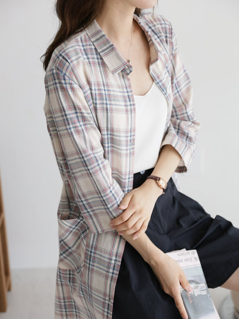 Mu - Korean Women Fashion - #momslook - Baul Long Check Robe Shirt - 4