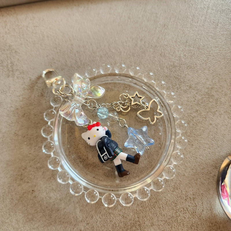 Newerly - Korean Women Fashion - #pursuepretty - Star Heart Standing Cat Beads Keyring - 2