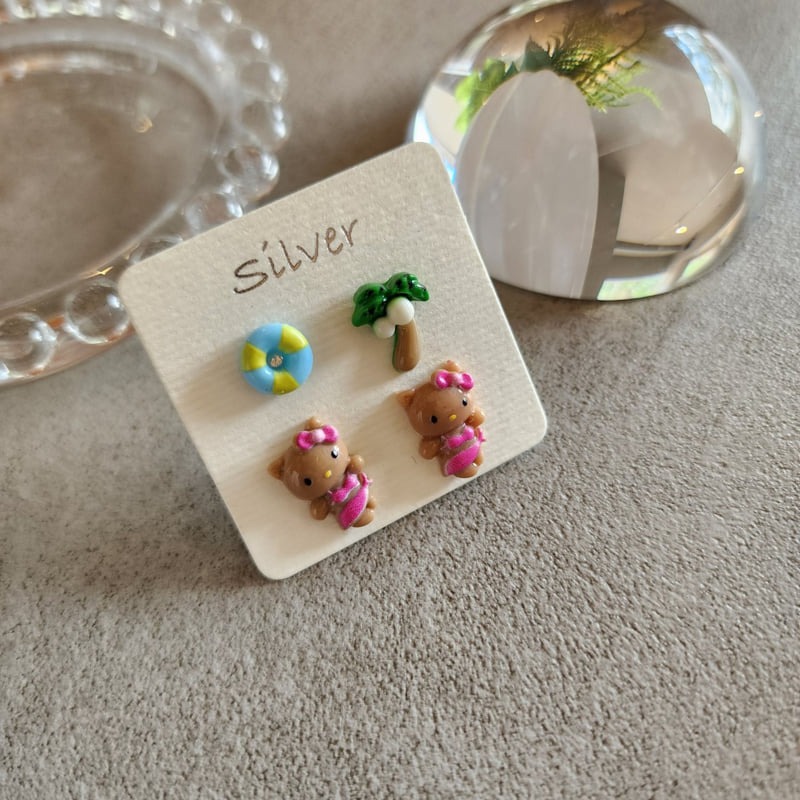Newerly - Korean Women Fashion - #vintageinspired - 92.5 Silver Kitty Earring Set (set of 4)