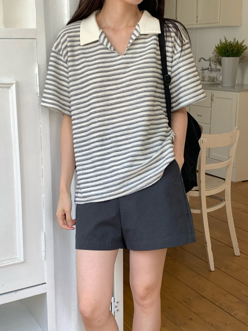 Osense - Korean Women Fashion - #pursuepretty - Ocean Half-Open Collar Tee - 7