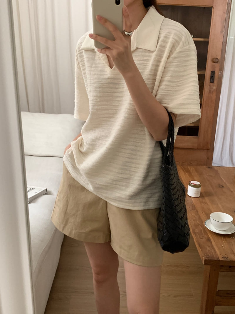 Osense - Korean Women Fashion - #vintageinspired - Ocean Half-Open Collar Tee - 5