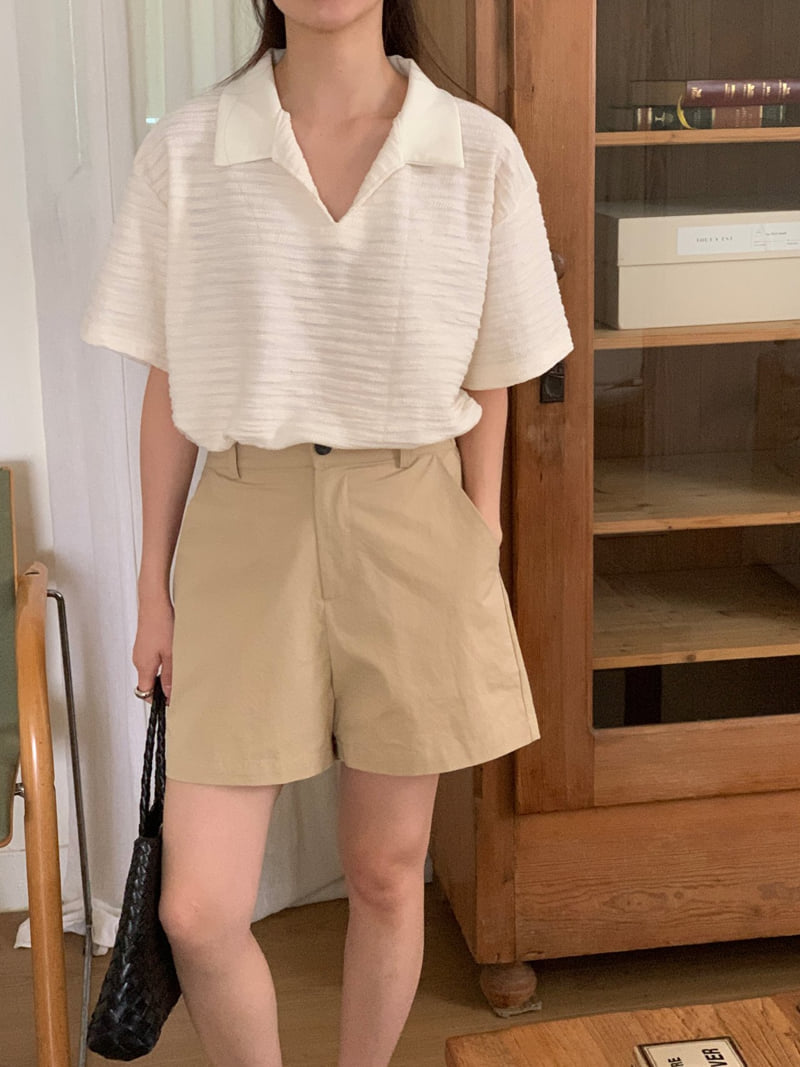 Osense - Korean Women Fashion - #momslook - Ocean Half-Open Collar Tee - 4