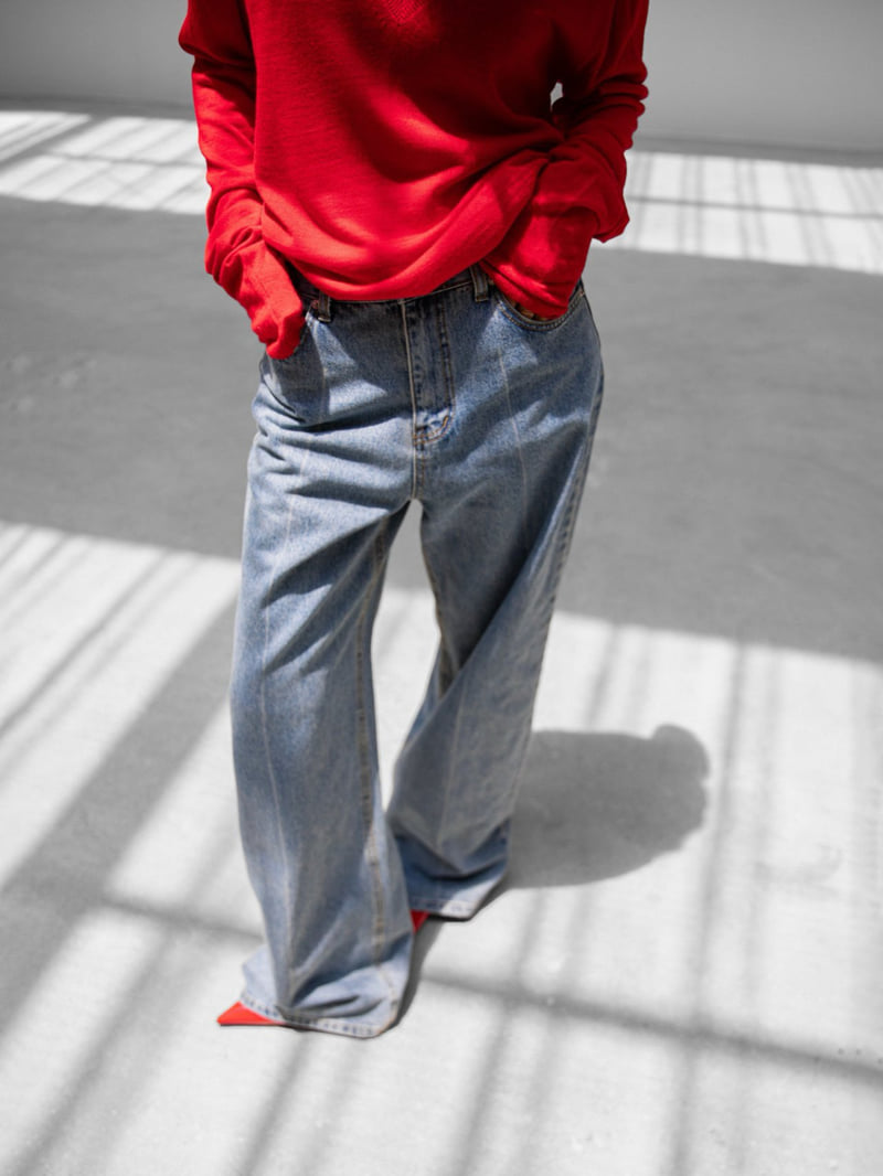 Paper Moon - Korean Women Fashion - #momslook - Crease Line Detail Denim Loose Fit Pants - 2