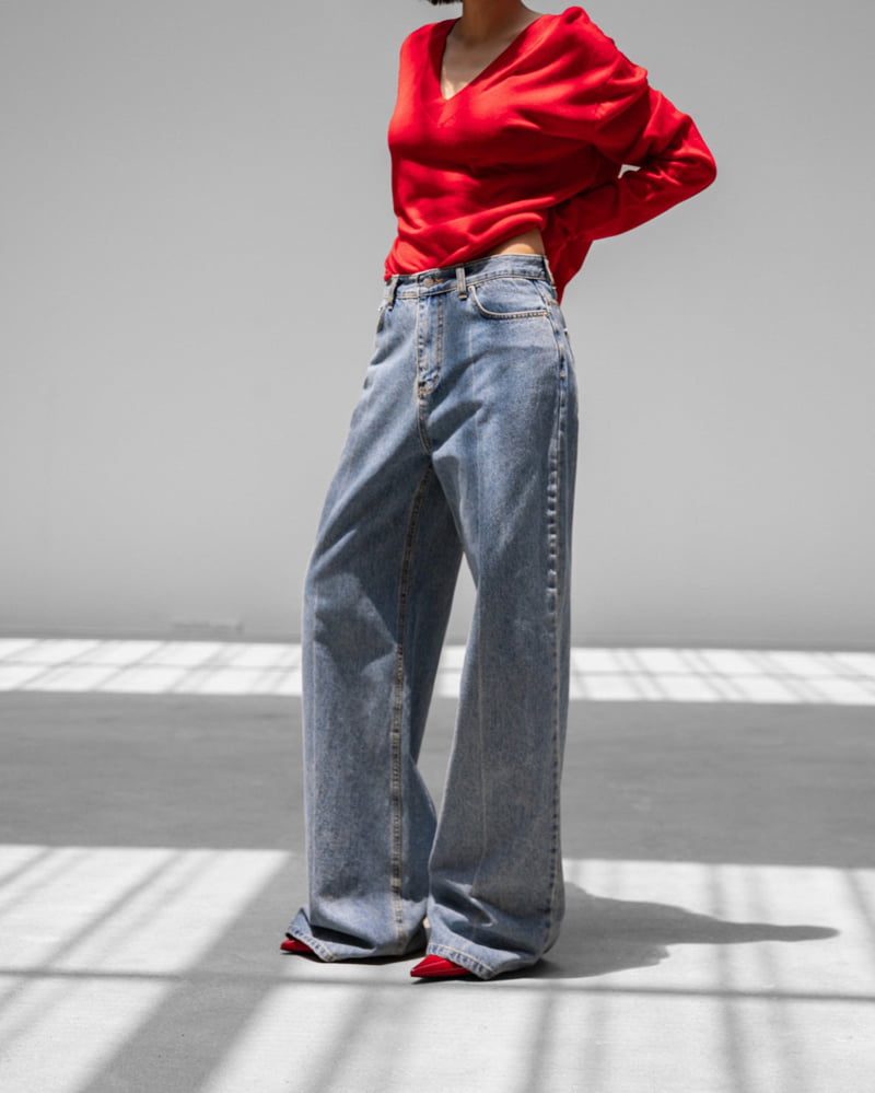 Paper Moon - Korean Women Fashion - #womensfashion - Crease Line Detail Denim Loose Fit Pants - 4