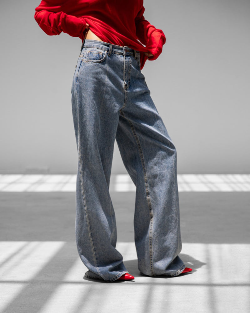 Paper Moon - Korean Women Fashion - #momslook - Crease Line Detail Denim Loose Fit Pants - 5