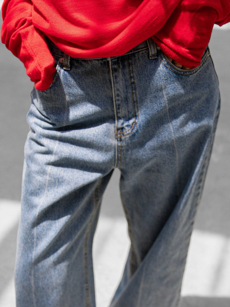 Paper Moon - Korean Women Fashion - #womensfashion - Crease Line Detail Denim Loose Fit Pants
