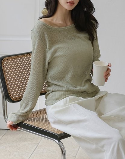 Pastel Deer - Korean Women Fashion - #romanticstyle - Linen Boat Neck Long Sleeve Tee - 3