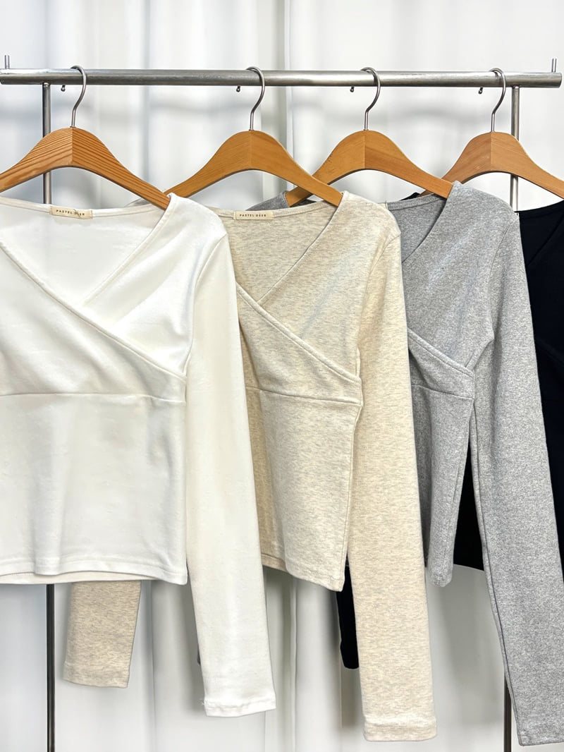 Pastel Deer - Korean Women Fashion - #shopsmall - Peach V-Wrap Long Sleeve Tee