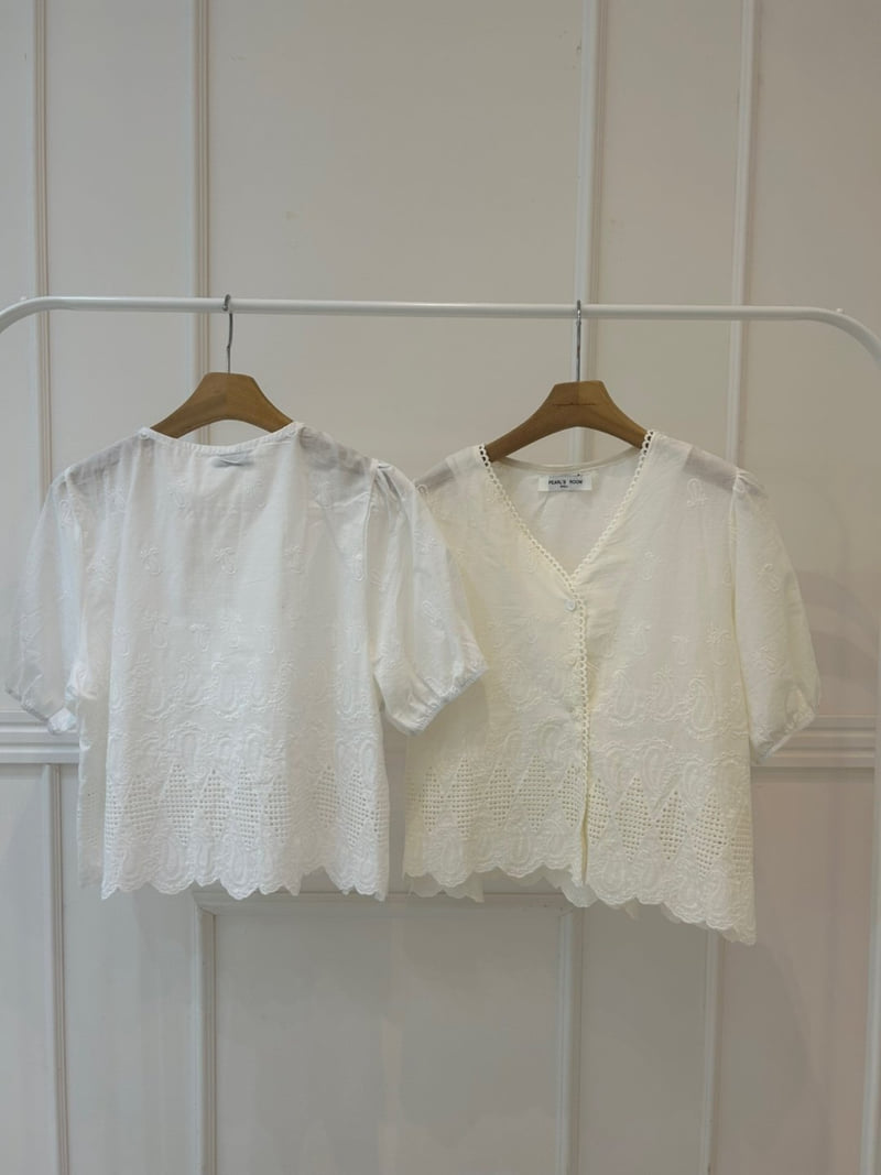 Pearls room - Korean Women Fashion - #momslook - Embroidered V Blouse - 10