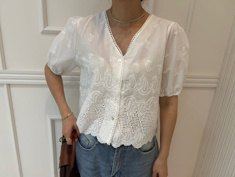 Pearls room - Korean Women Fashion - #momslook - Embroidered V Blouse - 2