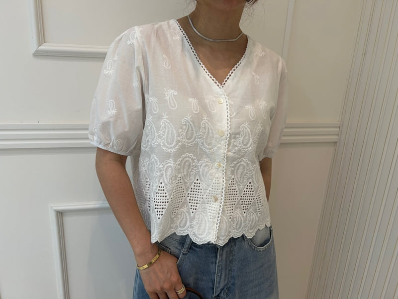 Pearls room - Korean Women Fashion - #womensfashion - Embroidered V Blouse - 4