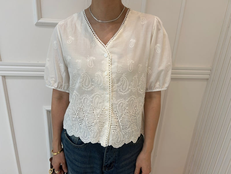 Pearls room - Korean Women Fashion - #momslook - Embroidered V Blouse - 6