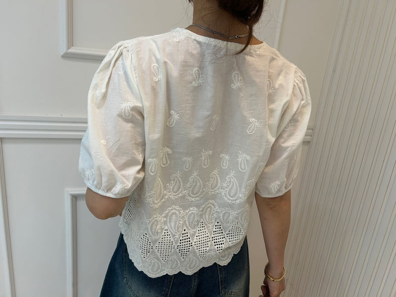 Pearls room - Korean Women Fashion - #momslook - Embroidered V Blouse - 8