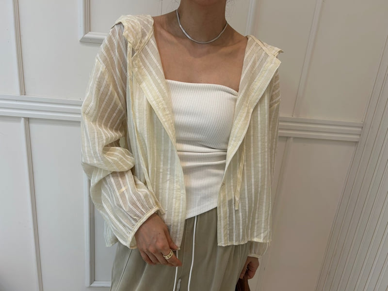 Pearls room - Korean Women Fashion - #momslook - Open Stripe Hood Shirt - 6