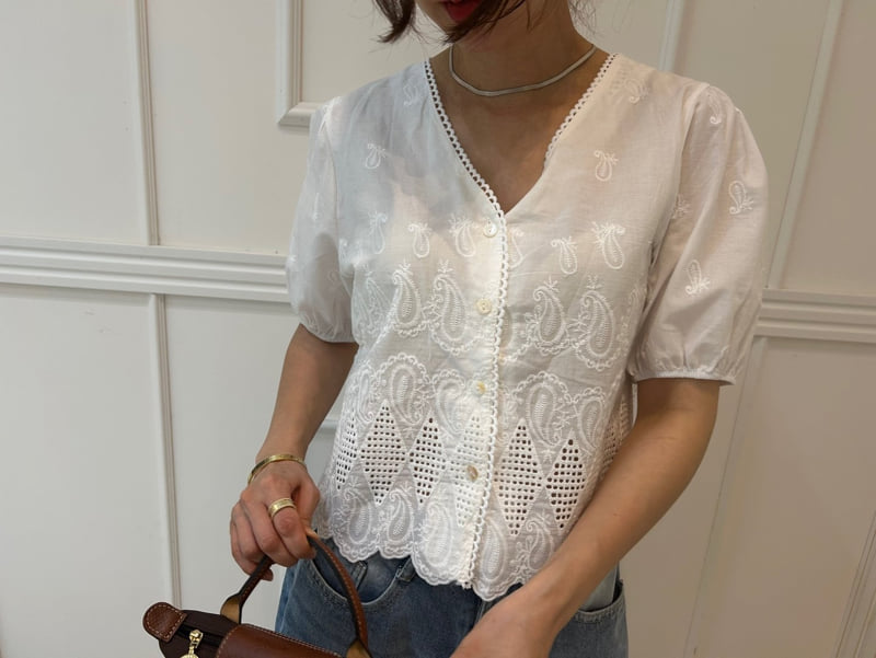 Pearls room - Korean Women Fashion - #womensfashion - Embroidered V Blouse - 3