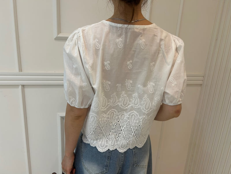 Pearls room - Korean Women Fashion - #womensfashion - Embroidered V Blouse - 5