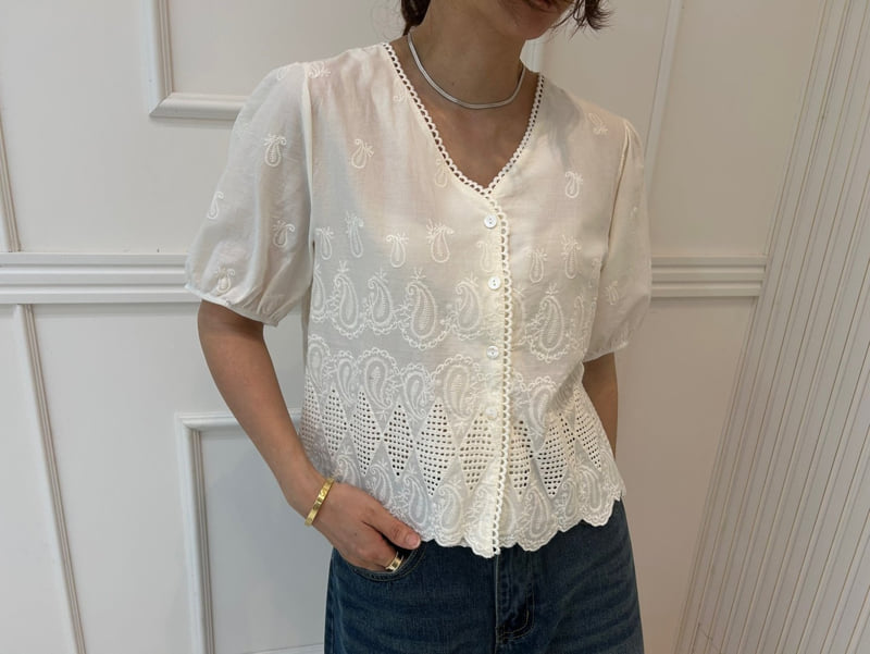 Pearls room - Korean Women Fashion - #womensfashion - Embroidered V Blouse - 7