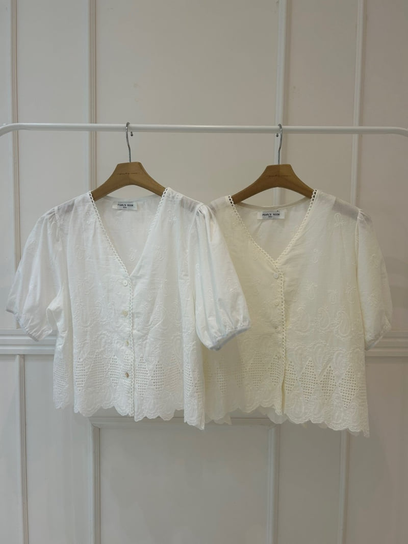 Pearls room - Korean Women Fashion - #womensfashion - Embroidered V Blouse - 9