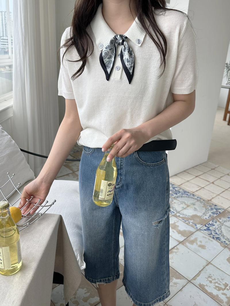 There By - Korean Women Fashion - #restrostyle - Scarf Short-Sleeve Knit - 6