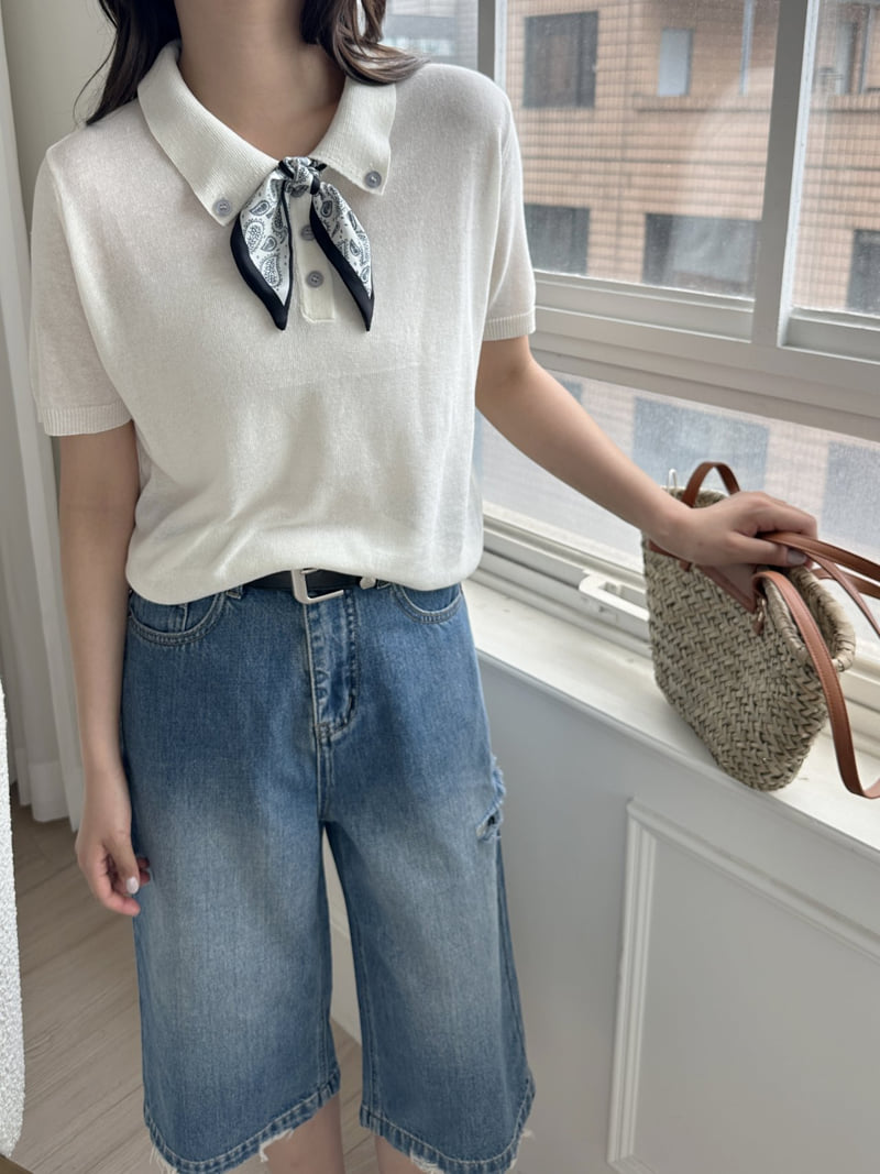There By - Korean Women Fashion - #vintageinspired - Scarf Short-Sleeve Knit - 3
