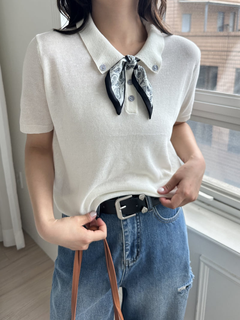 There By - Korean Women Fashion - #vintageinspired - Scarf Short-Sleeve Knit - 4